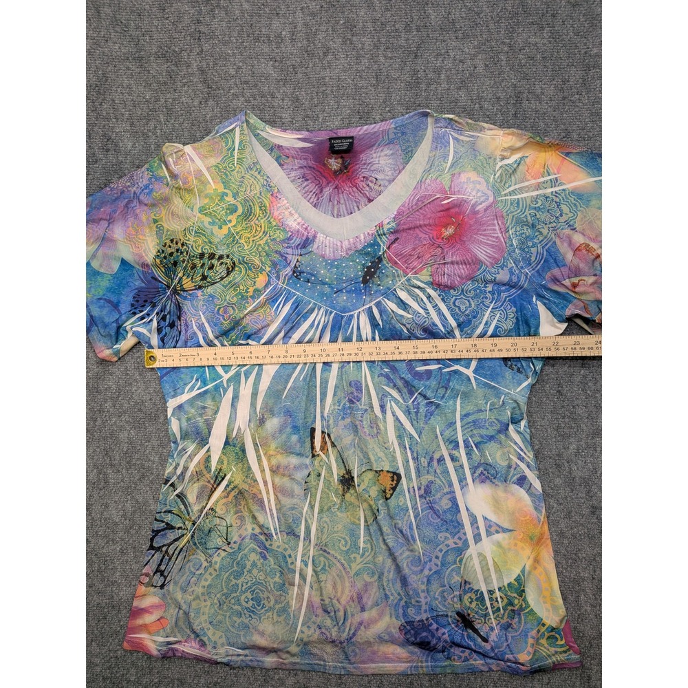 y2k Faded Glory‎ Womens 2X Floral Butterfly Print V Neck Top Rhinestone Colorful - Picture 3 of 7